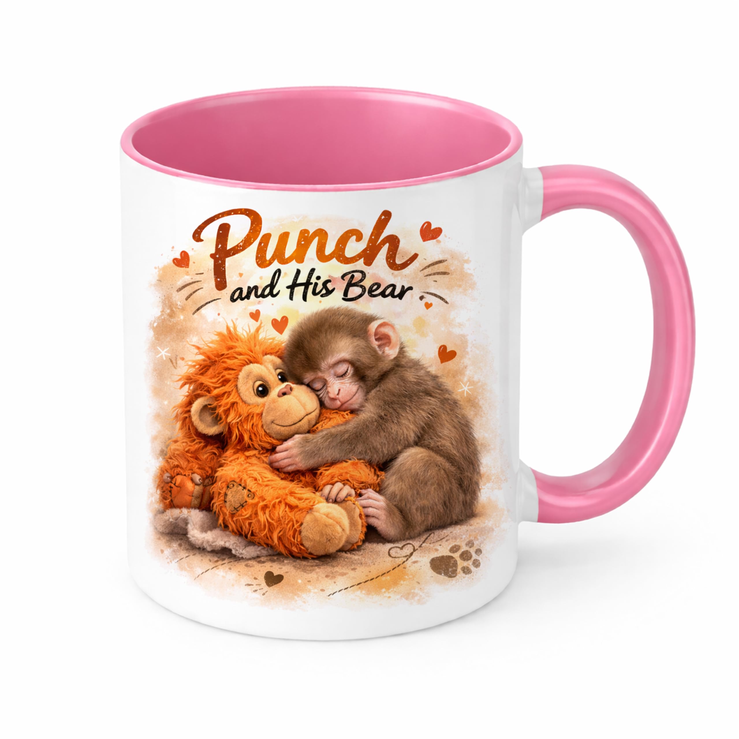 Brew Crew Gifts Punch and His Bear Mug, Cute Monkey with Orangutan Teddy Design, 11oz Ceramic Coffee Cup, Animal Lover Gift (Pink)