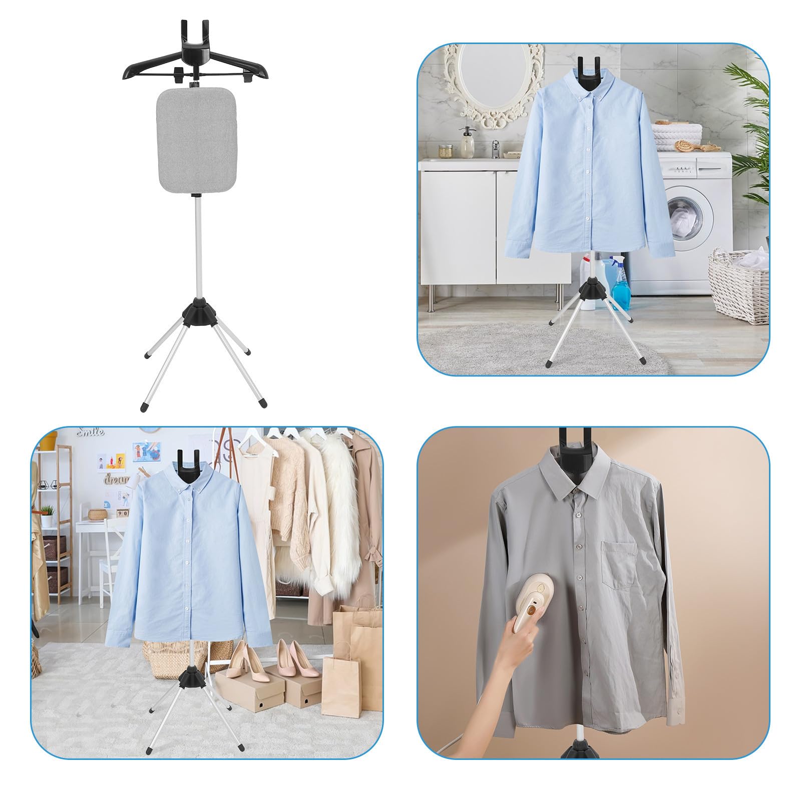 POPETPOP Soporte para Planchar Ropa Vapor, Perchero Plegable Tabla de Planchar Integrada, Altura Ajustable de 90-160cm, Base de Cuatro Patas Estable
