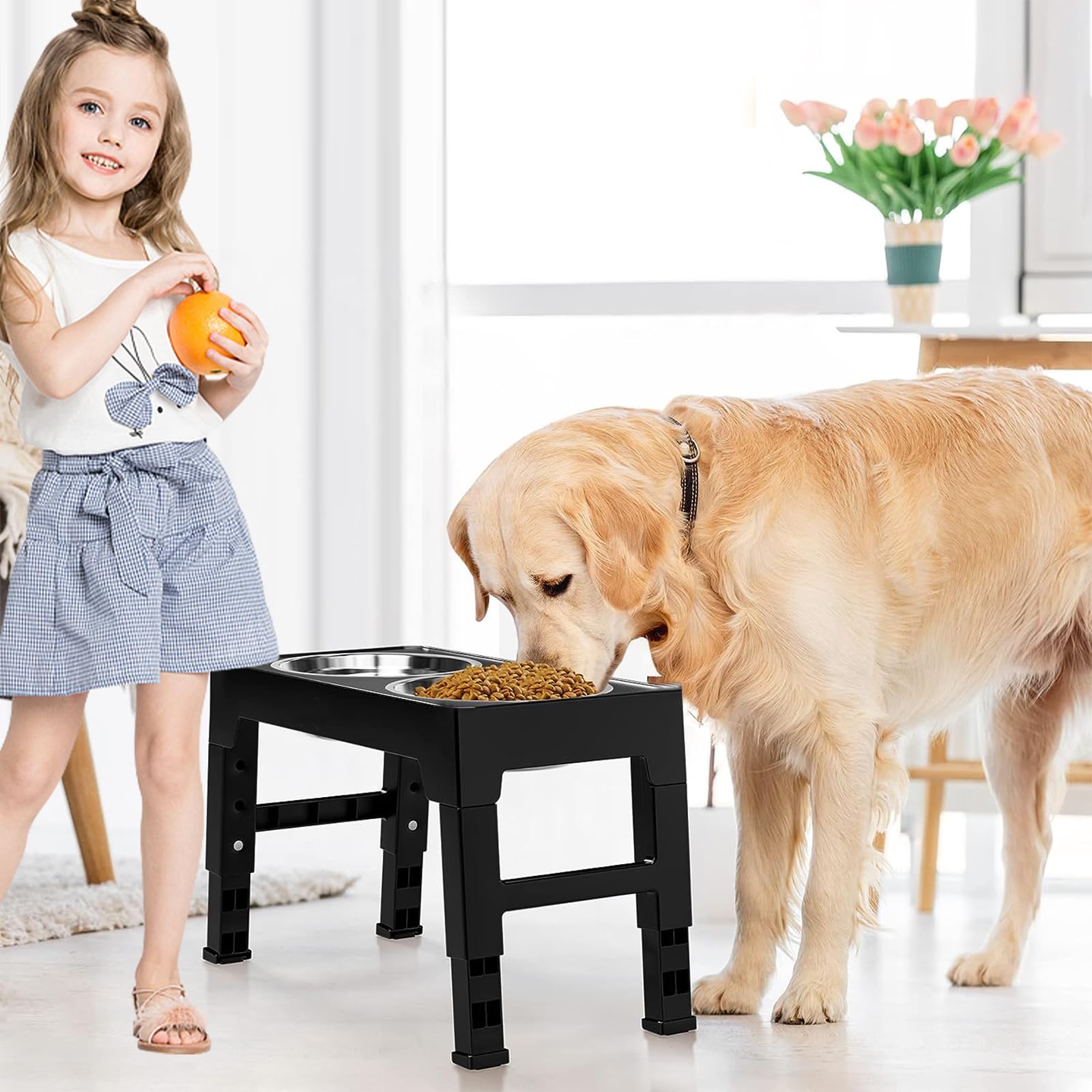 PETCUTE Gamelle Chien Surélevées de 5 Hauteurs Ajustables, Pliable Gamelle pour Chiens avec 2 Bols en Acier Inoxydable, Antidérapant,pour Chiens et Animaux de Compagnie de Petite,Noir