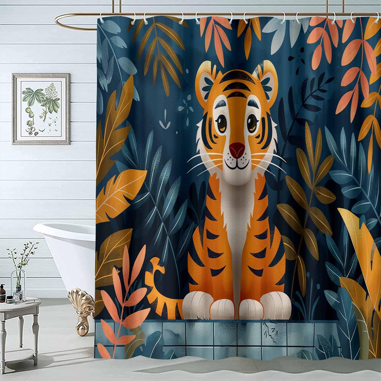 TZKRWRH Blue,orange Tropical Style Shower Curtain, Funny Little Tiger Botanical Plants Bathroom Curtain Waterproof Polyester Fabric Bath Curtain with 12 Hooks - 240x200cm(WxH)