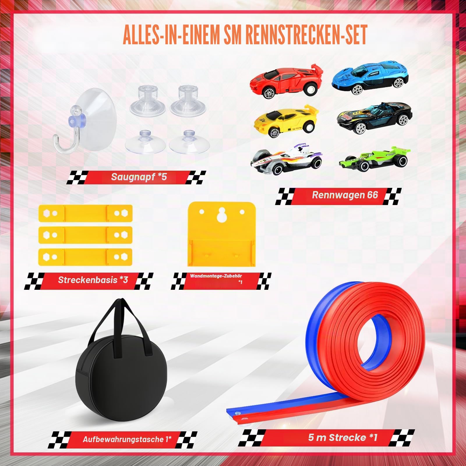 Flexible Rennbahn Kinder, 5M Autorennbahn Rennbahn Spielzeug ab 3 4 5 6 Jahre, Dual Rennstrecke Rampen für 1/64th Autos, Geschenke für Jungen und Mädchen (Rot Blau)