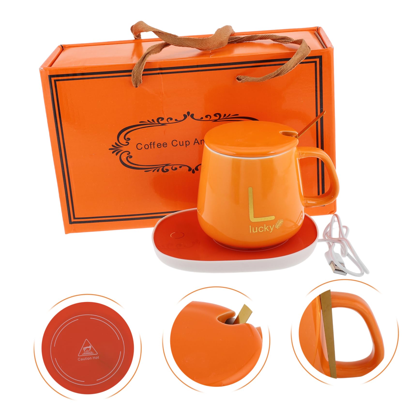 Calentador Taza Eléctrico con Set Taza Naranja Mantenedor Temperatura para Café Té Cacao Leche con Caja Regalo para Cumpleaños y Navidad