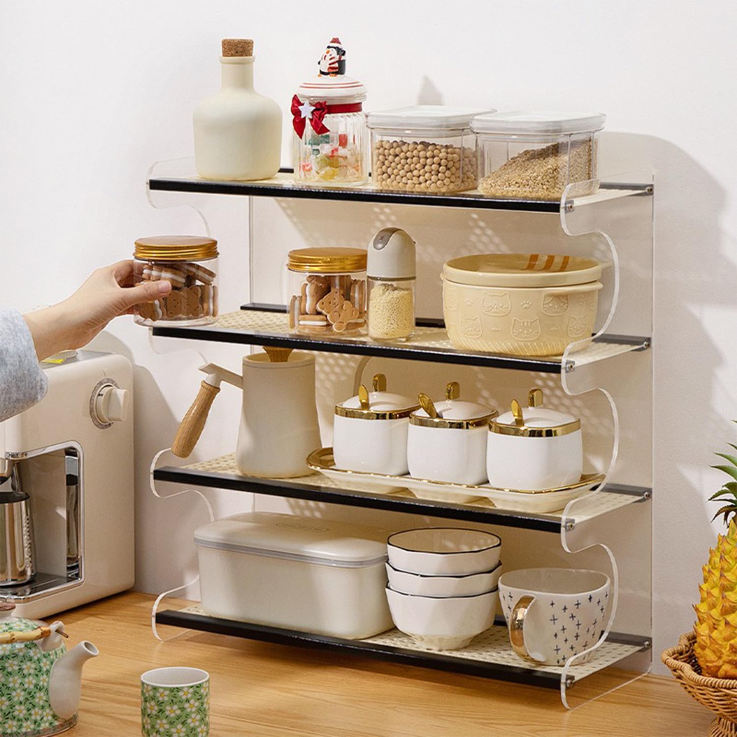 2-4 Etage Gewürzregal Stehend, Küchenregal Arbeitsplatte Spice Rack Rattan-Flechtwerk Kaffeebar Kaffee Organizer Kosmetikregal Ausstellungsregal Für Küche Badezimmer,Cream,50 * 18 * 51cm