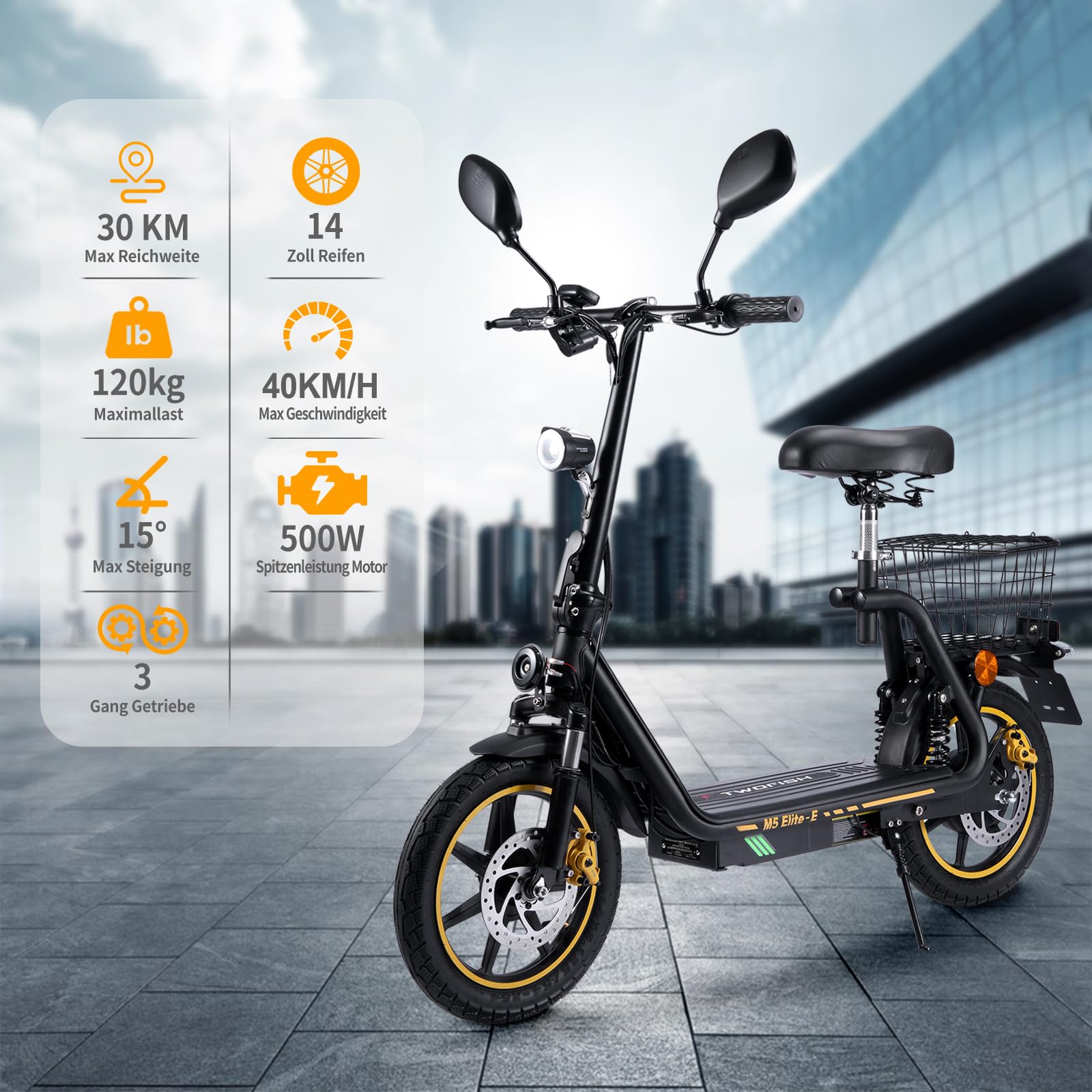 TWOFISH Elektro Moped 500W mit 48V 13Ah Akku, EEC Zertifiziert, 30 km Reichweite, 14 Zoll Reifen, 45 km/h, Motorroller mit Straßenzulassung, Elektro Motorrad mit Sitz & Korb, M5 Elite E (Schwarz)