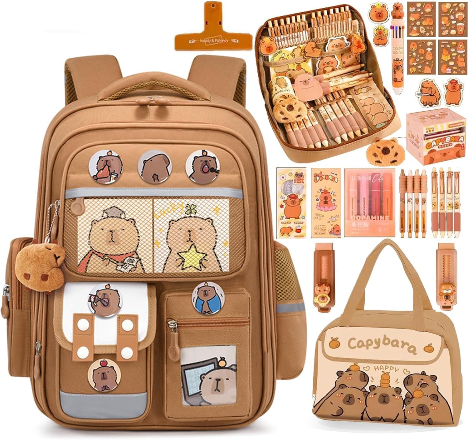 Generico Zaino Capybara,Grande Capacità con Ciondolo in Peluche, Set Cancelleria e Borsa Portapranzo,Zaino Scolastico Capibara per Ragazze e Ragazzi
