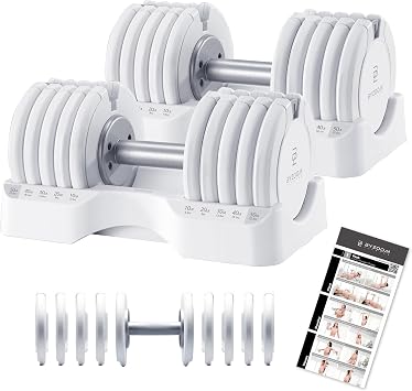 BYZOOM FITNESS Pure Series Adjustable Dumbbell - 12.5/25/27.5/50/55/75lb - ONE UNIT OR PAIRcheck QTY before purchase - 5-in-1/ 10-in-1 / 15-in-1 / 21-in-1 Flexible Hand Weights for Home Apartment Garage Gym, Strength Training & Fitness Workouts, White OR Black