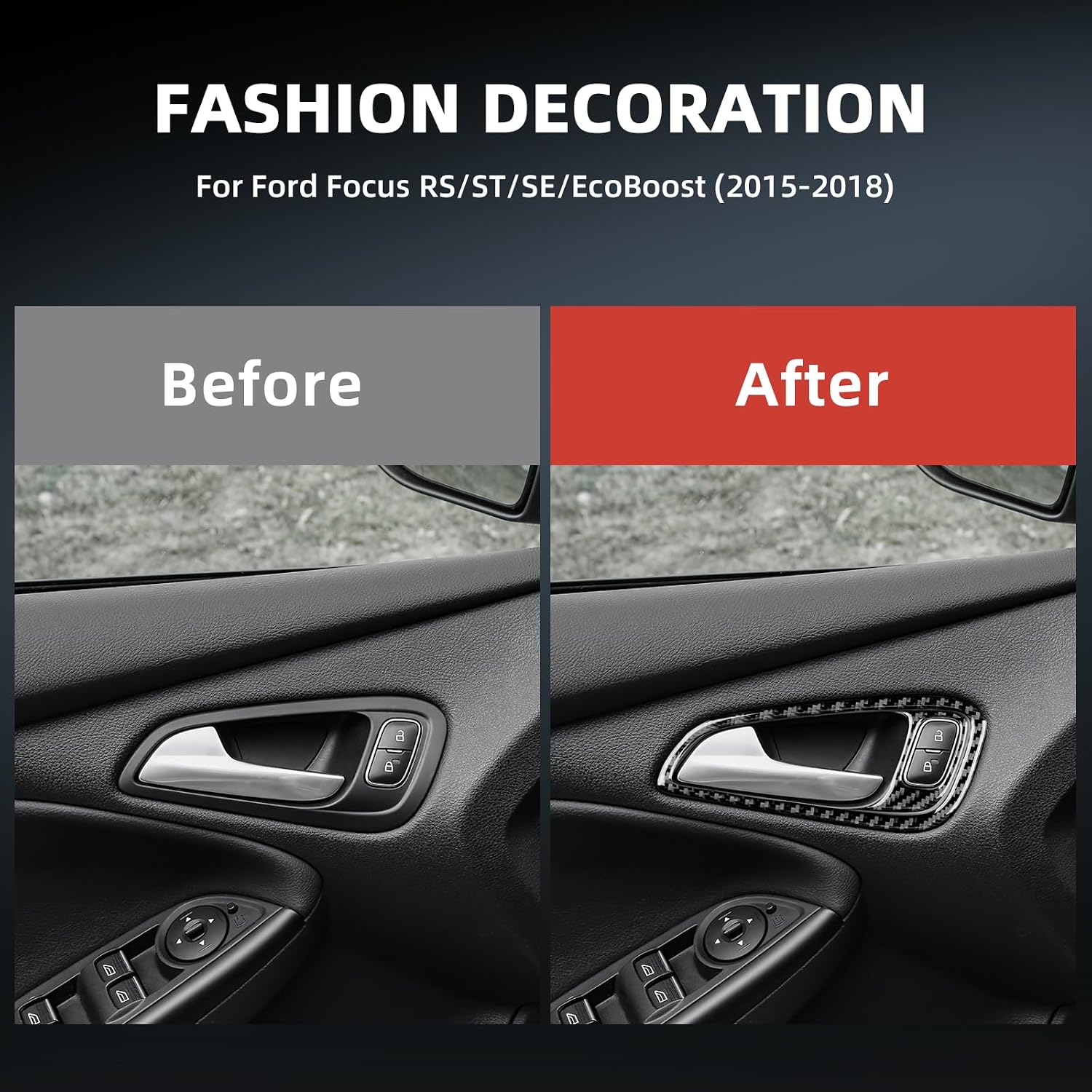 Real Carbon Fiber Inner Door Handle Frame Sticker, Covers for Ford Focus RS/ST/SE/ECO Boost (2015-2018), Interior Decal Car Accessories, Black