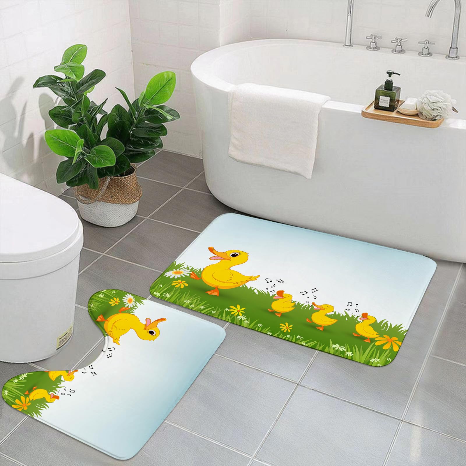 Set di 2 tappetini da Bagno, Lavabili in Lavatrice e Antiscivolo, in Morbida Fibra Superfine, con Simpatico Disegno di un'anatra.