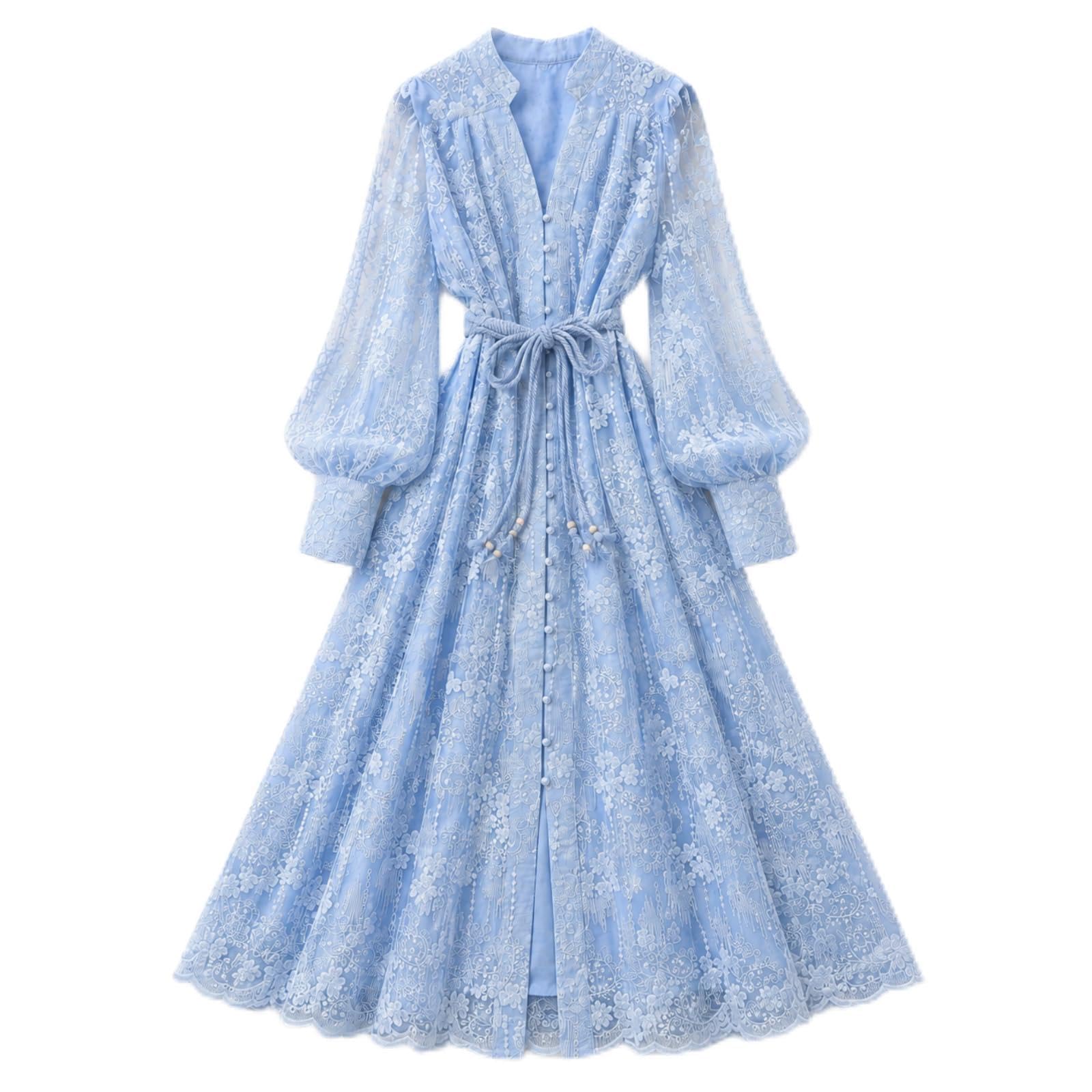 Vestido Largo de Mujer Escote en V Encaje Floral Bordado Vintage Mangas Farol Vestido Largo romántico Boho Mangas abullonadas línea A Fluido Vestido invitada Boda Fiesta