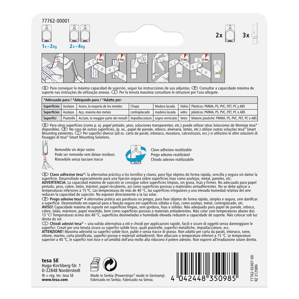 Tesa Chiodo Adesivo per Piastrelle e Metallo 2 kg - Gancio Adesivo Forte per Superfici Lisce in Bagno e in Cucina - Chiodo Biadesivo con Capacità di Peso fino a 2 kg