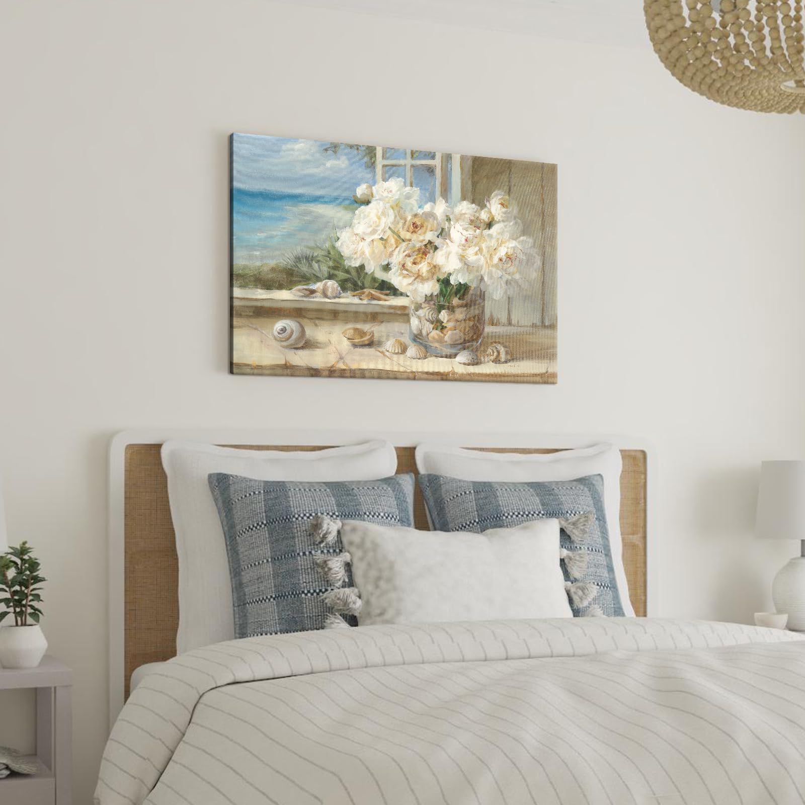 Goldfoilart Beach Pictures Wall Art Flower Canvas Paintings Coastal Scene Prints Modern Landscape Floral Framed Artwork for Bedroom Living Room Bathroom Office Wall Decor 36" x 24"