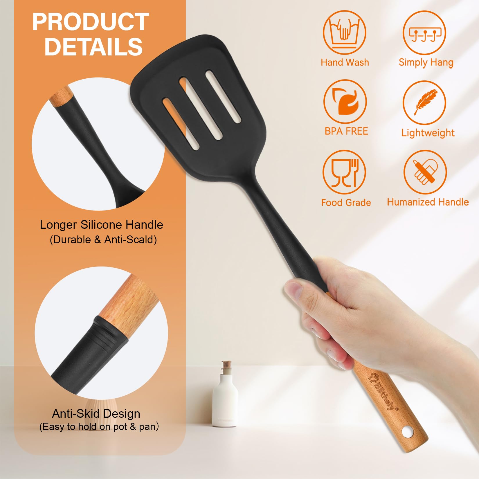 Silikon-Kochutensilien-Set, 6 Stück, großes Küchenutensilien-Set mit Holzgriff, hitzebeständiges Silikon-Utensilien-Spatel-Set für antihaftbeschichtetes Kochgeschirr, Spatel, Pfannenwender, Löffel