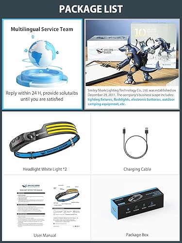 Miniatura 7 de Smiling Shark Linterna frontal LED, gran angular de 230, 3 luces blancas, paquete de 2 unidades, la lámpara principal más brillante, recargable con