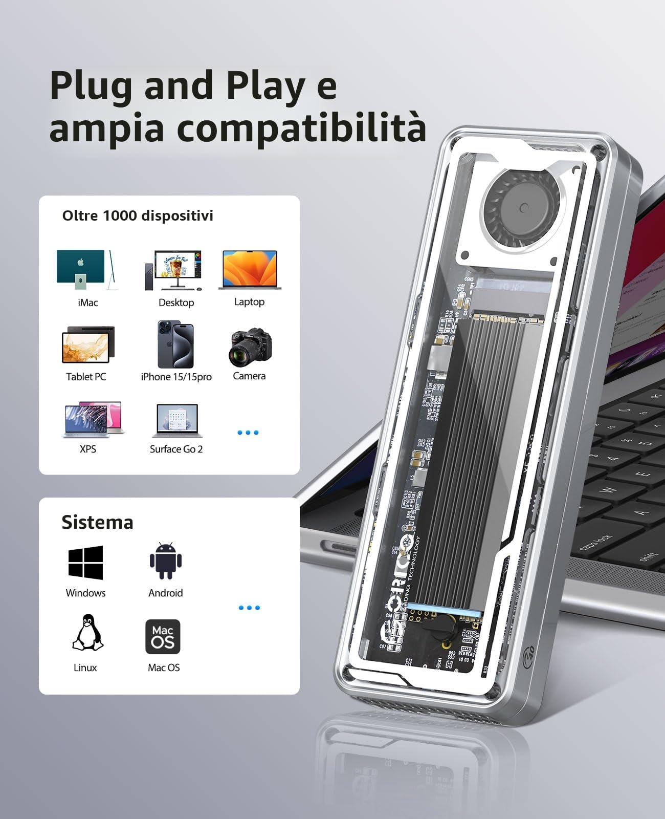 ORICO 40Gbps Case SSD M2 NVMe, Adattatore SSD M.2 NVMe USB Con Ventilatore Incorporato, Compatibile Thunderbolt 3/4 USB 3.2/3.1/3.0/2.0, Esterno Enclosure per M-Key SSD 2230/2242/2260/2280