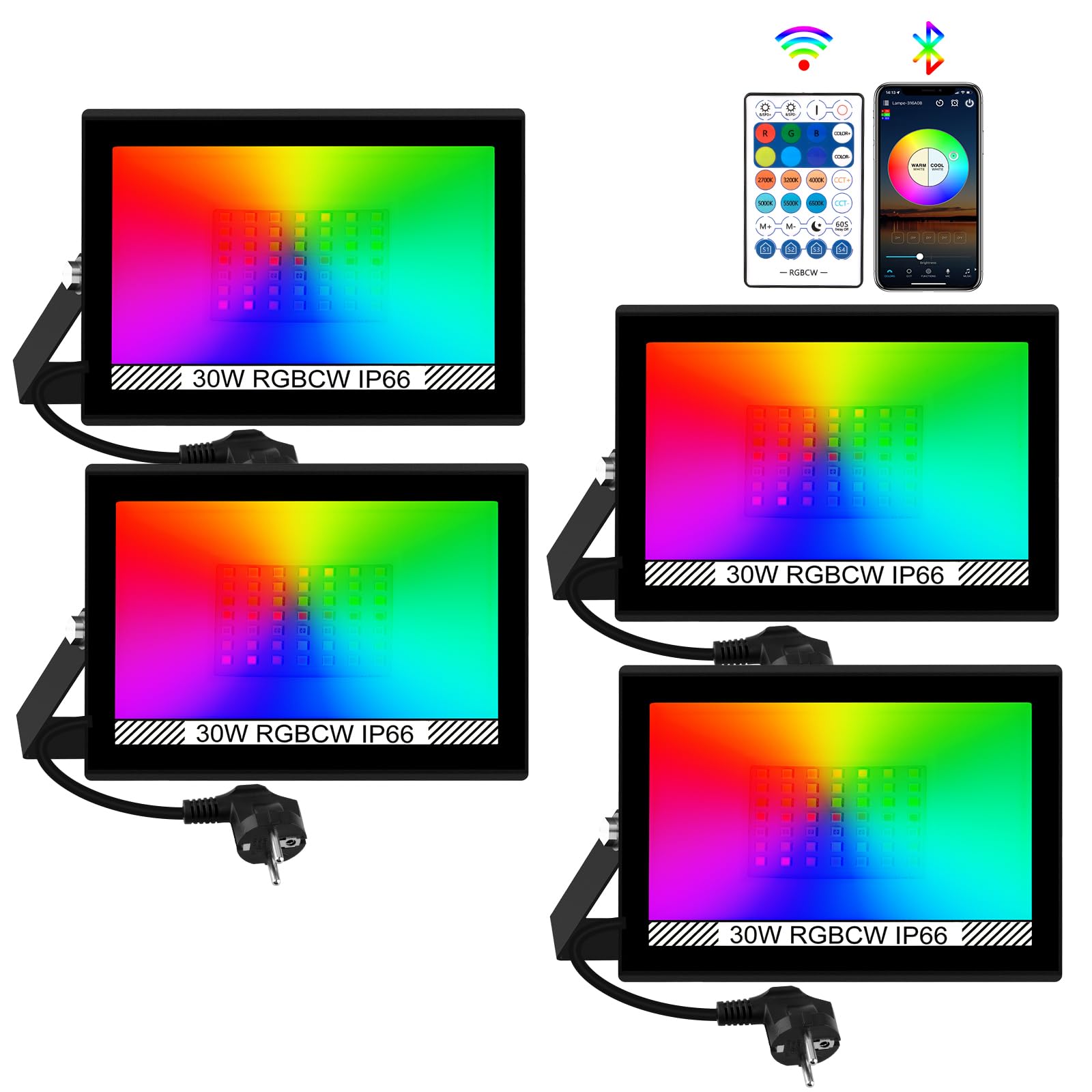Projecteur LED Extérieur Couleur, T-SUNUS 30W Projecteur LED RGB avec APP Bluetooth et Télécommande, IP66 Etanche Spot Extérieur Pour Arbre Soirée Bar Fête Noël 4 Pièces