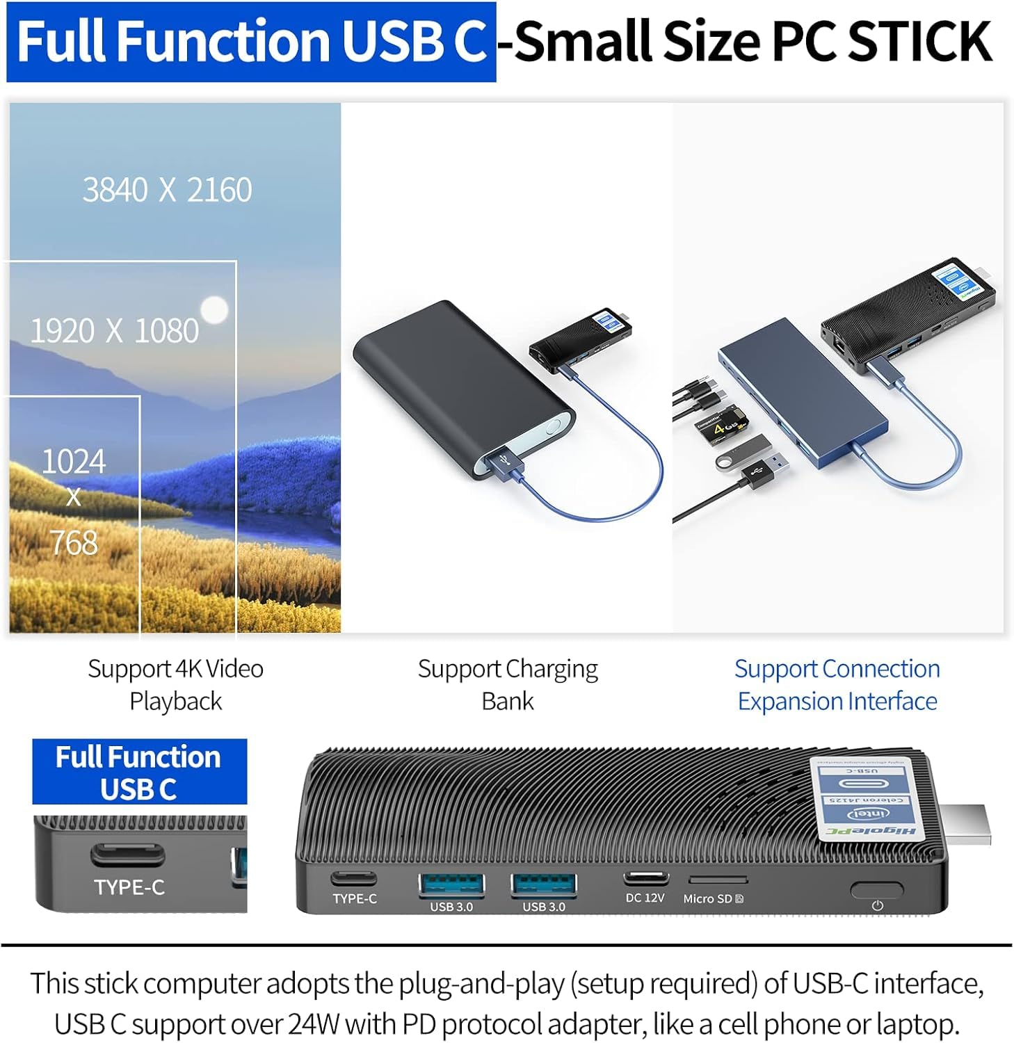 Mini PC Stick Windows 11, 8GB RAM 128GB, Intel J4105 | für Digital Signage, Kassensystem, Auto, Büro | 4K 60Hz, USB-C, Gigabit-LAN, WiFi