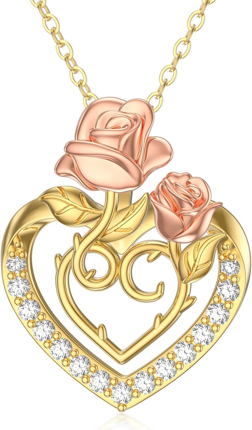 Solid 14K Yellow Gold Heart Necklace for Women, Gold Heart Pendant with Rose Flower Necklace Romantic Birthday Christmas Gifts for Mom Her Girlfriend Wife Grandma, 16+2 Inch