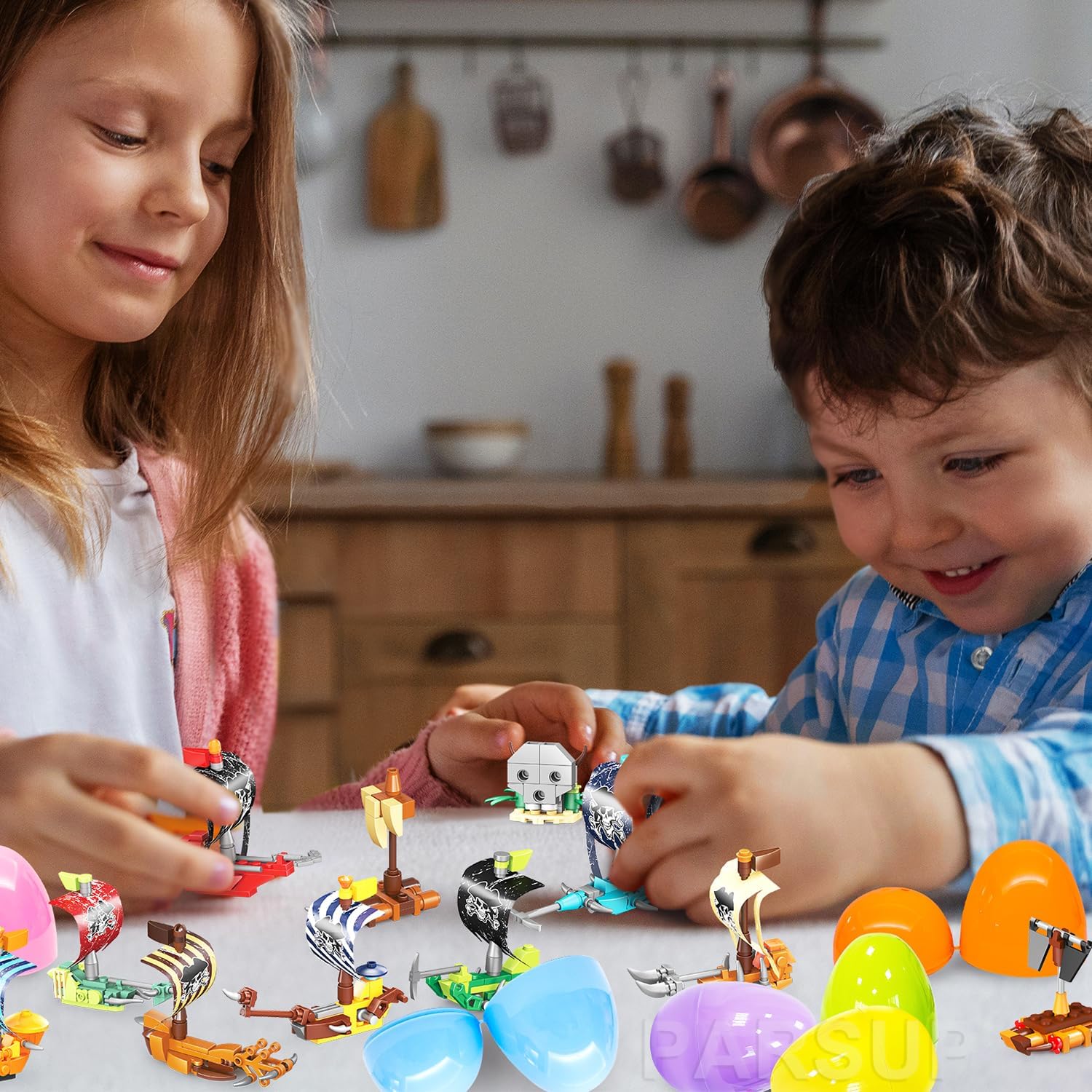 PARSUP 12 Pack Easter Plastic Eggs with Pirate Ship Building Blocks for Easter Theme Party Favors, Supplies for Easter Egg Hunt, Basket Stuffers/Fillers, Classroom Prize Supplies Toddler Boys Girls