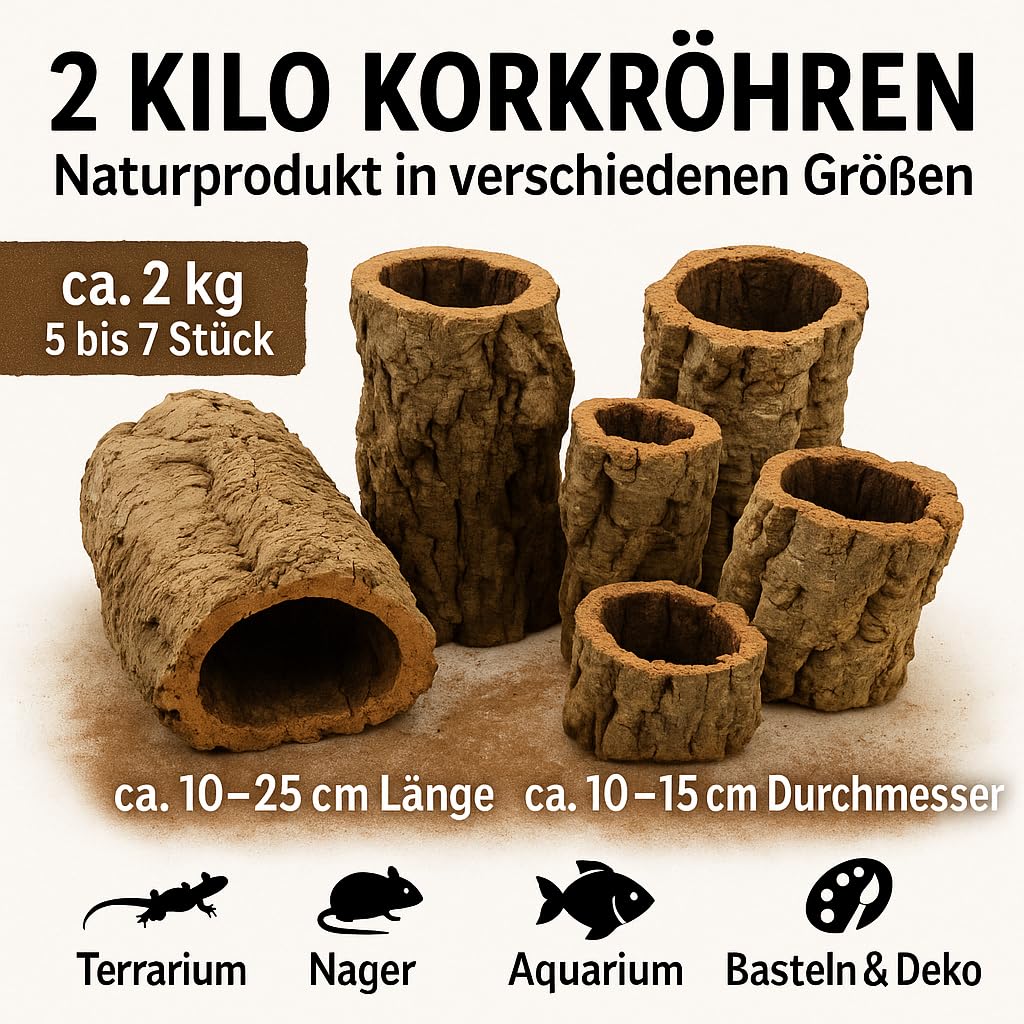 Korkröhren gemischt 2kg (ca.5-7 STK.) – Natur Korkröhre für Terrarium, Aquarium & Deko – Versteck & Kletterhilfe für Reptilien und Nager