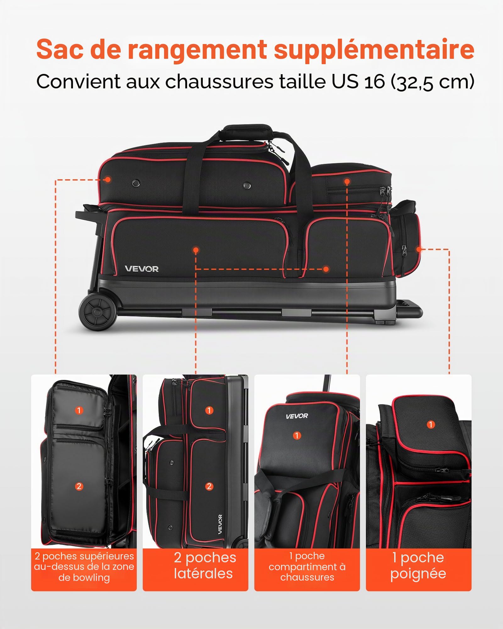 VEVOR Sac de Bowling à roulettes, Valise de Transport pour Bowling Capacité 3 Boules, avec Compartiment pour Chaussures, Poche pour Accessoires Surdimensionnée et Poignée Rétractable Extensible