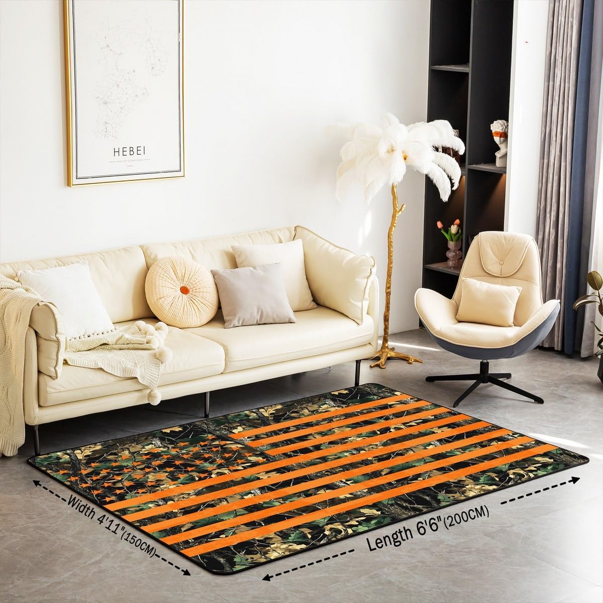Feelyou Orange Camouflage Decorative Carpet 5x7 American Flag Area Rug for Boys Girls Children Camo Military Style Tree Branches Rugs for Living Room Bedroom Room Decor Botanic Indoor Floor Mat