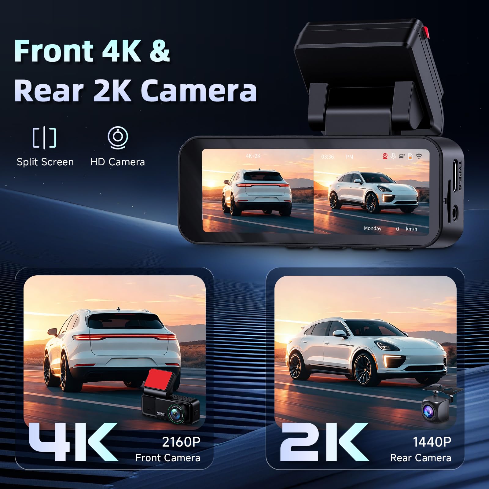 Hodozzy Dashcam Cámara Frontal 4K y Cámara Trasera 2K, Pantalla 3,16 Pulgadas, Cámara para Salpicadero de Coche, WiFi y App, ADAS BSD y LCA, Sensor G, Grabación en Bucle, Monitor en Modo Aparcamiento