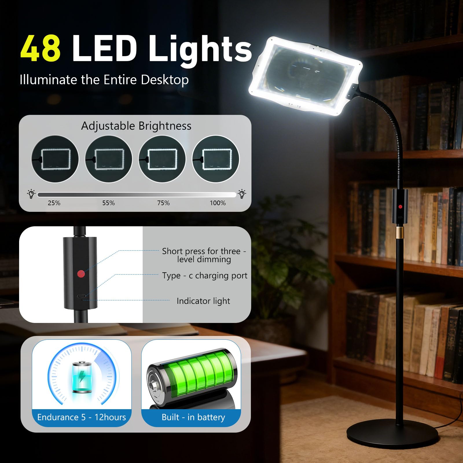 5 lupas recargables con luz y soporte, 3 en 1 con 48 LED ajustables, lámpara de lupa retráctil con cuello de cisne, para costura, manualidades, pintura, lupa de lectura con luz para personas mayores