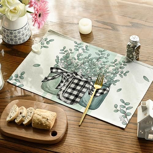 Miniatura 2 de Artoid Mode Juego de 4 manteles individuales de primavera a cuadros de eucalipto de búfalo de 12 x 18 pulgadas para decoración de fiestas, cocina,