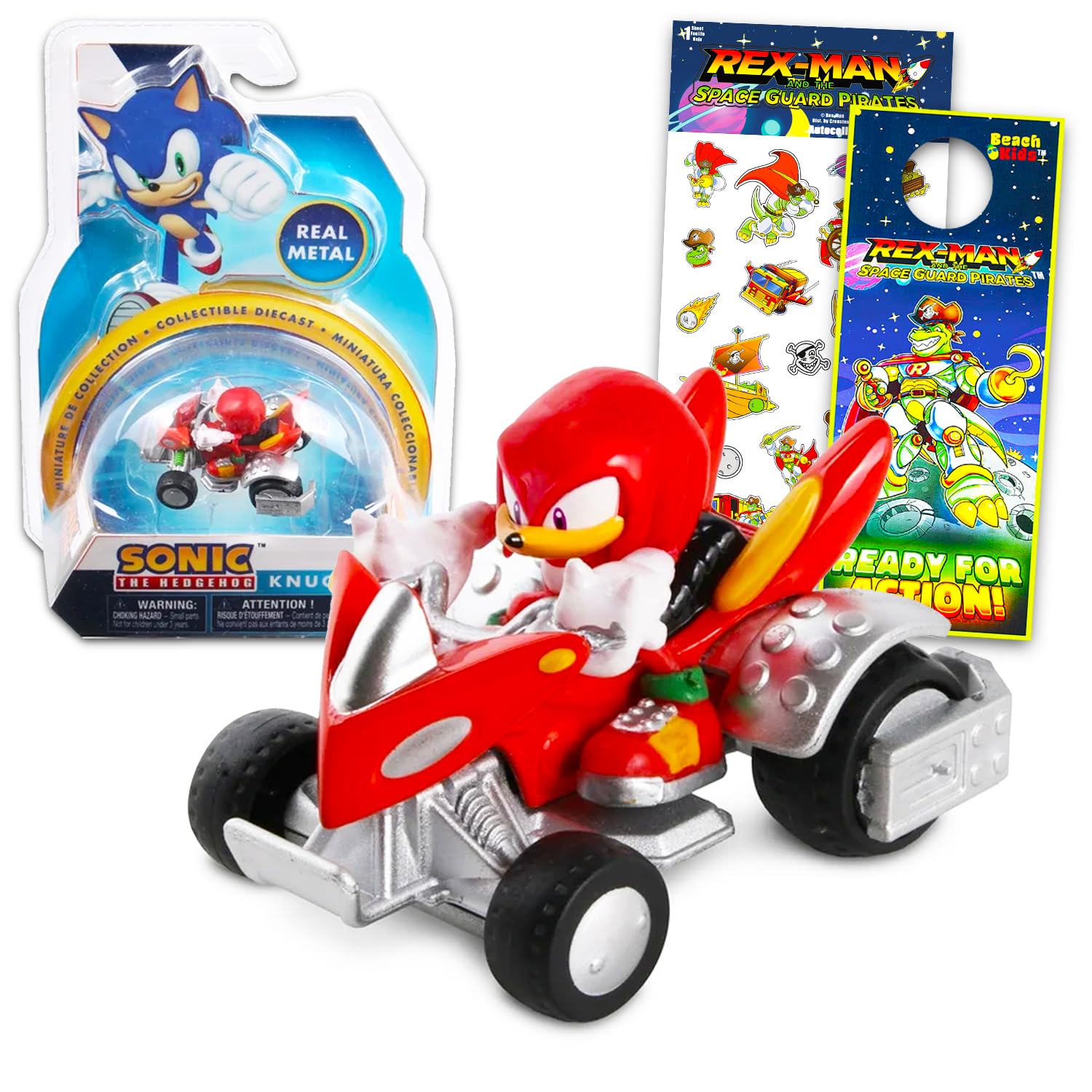 Sonic The Hedgehog Diecast Toy Race Car for Boys - Bundle with Knuckles Pull Back Car Plus Stickers, More | Knuckles Race Car Set for Kids