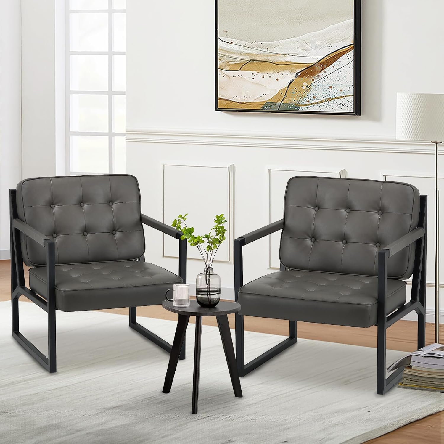 COLAMY Set of 2 Modern Grey Faux Leather Accent Arm Chairs with Metal Legs - Comfy Living Room Armchairs