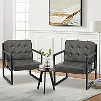 COLAMY Set of 2 Modern Grey Faux Leather Accent Arm Chairs with Metal Legs - Comfy Living Room Armchairs