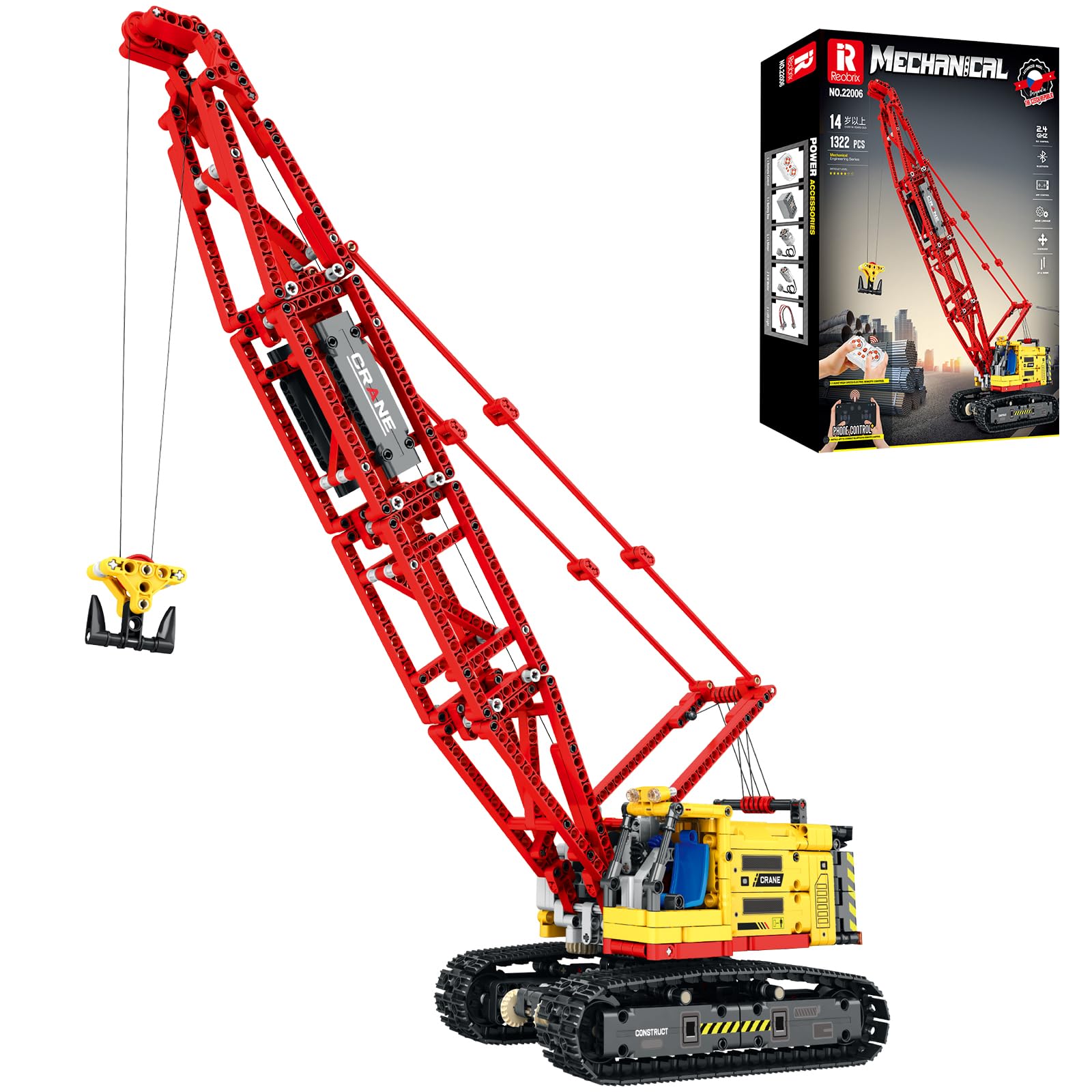 Reobrix RC Crawler Crane Toy Building Block with Motors, Technical Engineering Toy Model Colleciton, 22006 Heavy Duty to Build for Adults, Construction Vehicle Hobby Kits Gift for Boys Men (1322 Pcs) — image 1