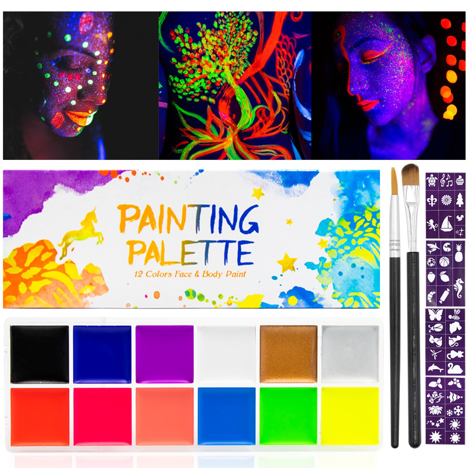 UV Glow Pintura Facial y Corporal,Fosforescente Juego de Paleta de Maquillaje, Paleta de Pintura Al óleo Profesional con Juego de Brochas de Maquillaje Facial para Cosplay Navidad Halloween (#2)