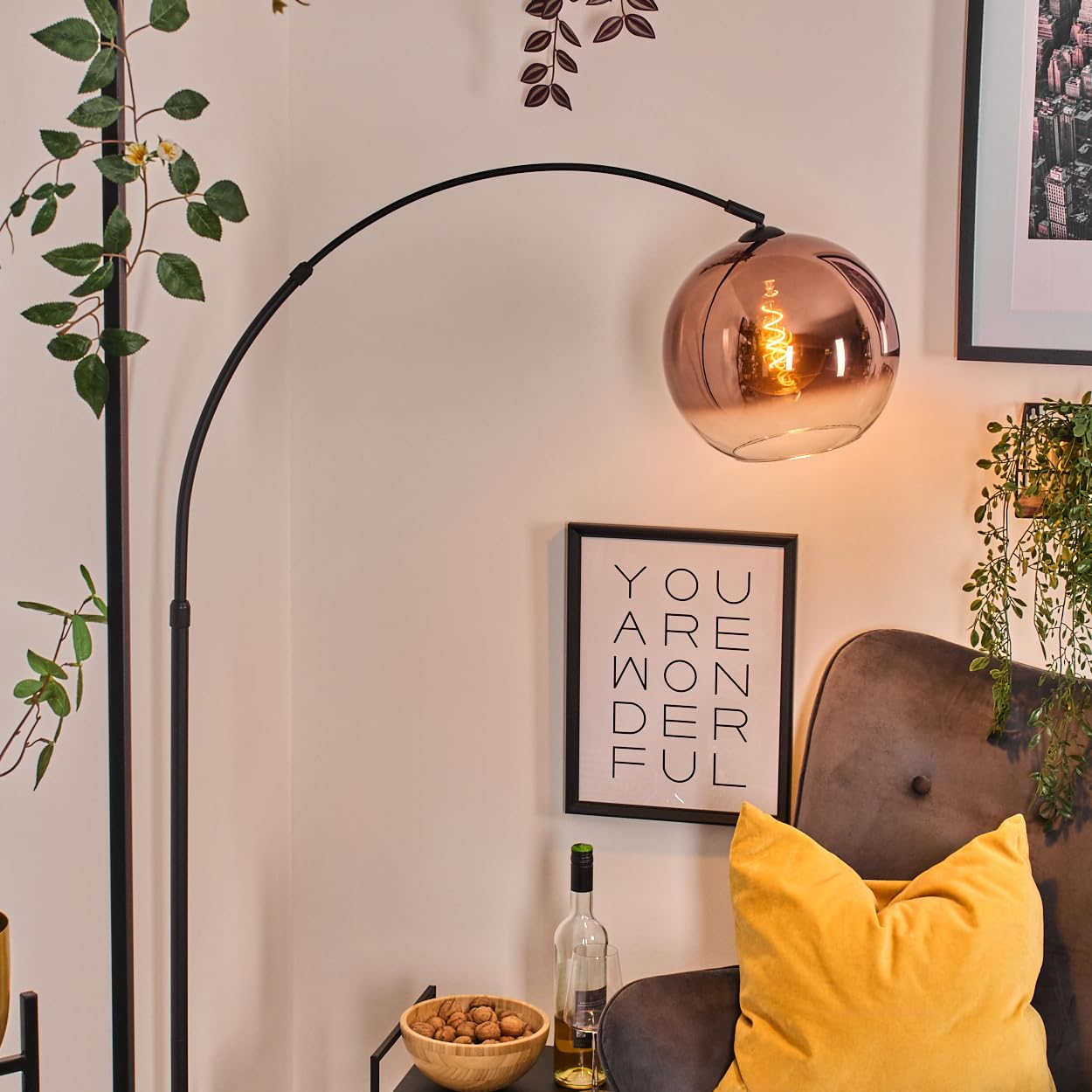 Lámpara de pie HOFSTEIN Koyoto, de metal/cristal en negro/cobre/claro con base de mármol, lámpara ajustable de diseño retro (pantalla de Ø 30 cm), interruptor de pie, E27, salón, dormitorio, pasillo