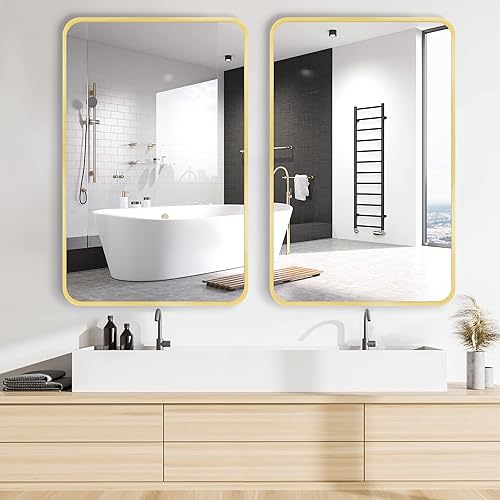 Miniatura 6 de Espejo rectangular dorado de 16 x 24 pulgadas para decoración de pared, marco de metal, esquina redonda, espejo rectangular mate (horizontalvertical)