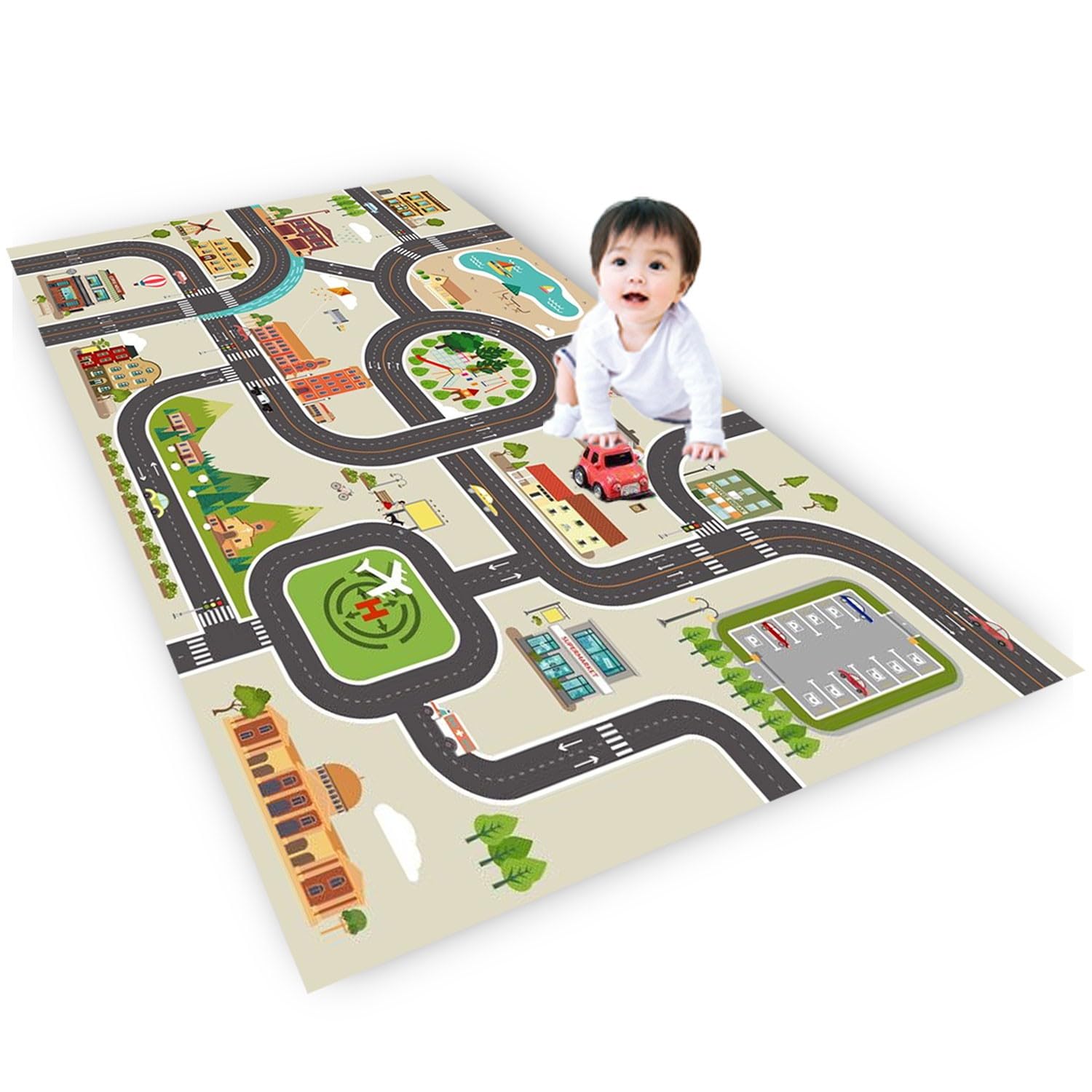 Autoteppich Kinder spielteppich straße Junge,kinderteppich Jungen & Mädchen straßenteppich kinderzimmer groß,Bauteppich Stadtstadt Fahrzeug Spielmatte Lernbereich Teppiche,grau,Grün 100x160cm