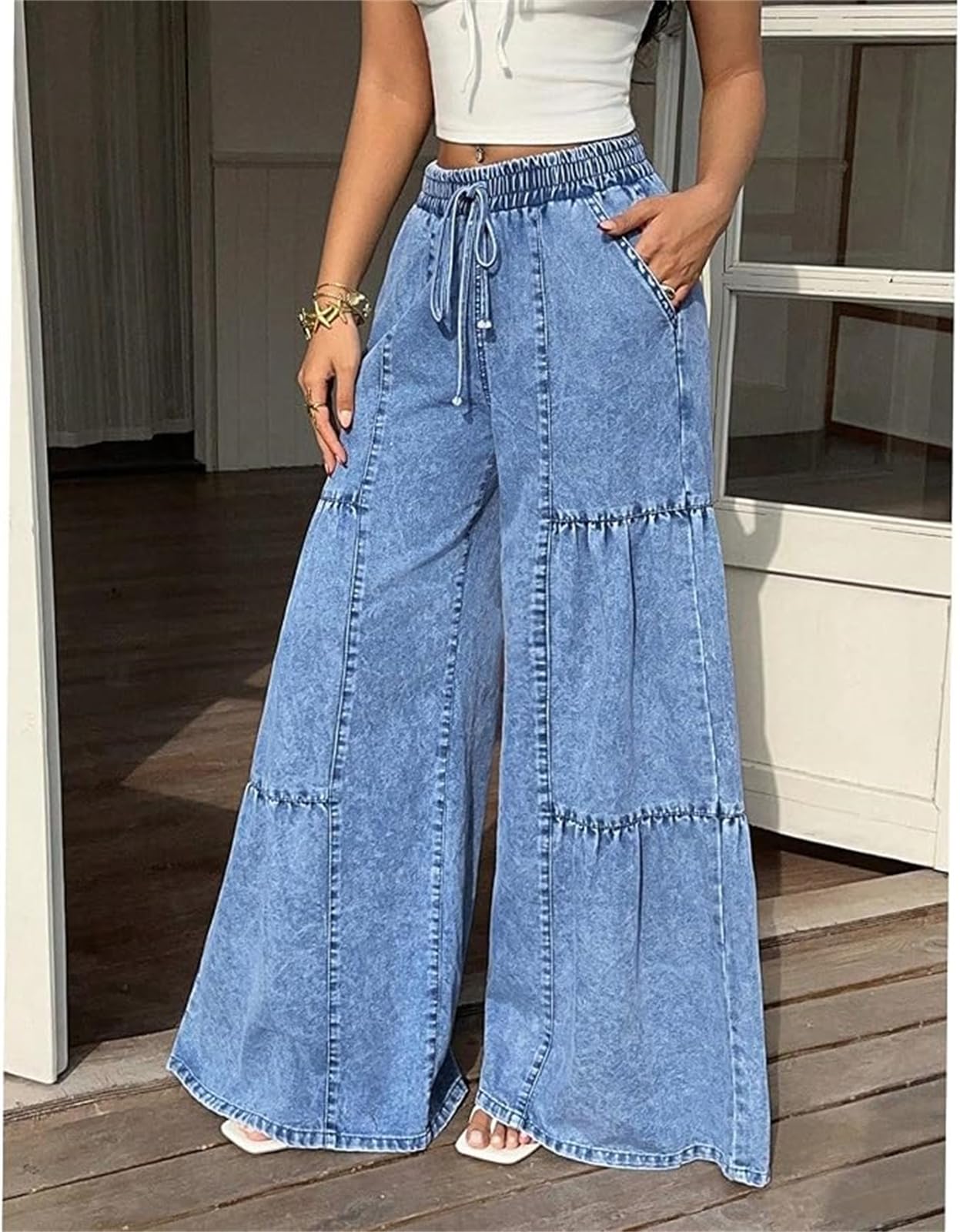 Pantalon Palazzo Femme Jambe Large Jean Flowy en Denim à Volants à Niveaux Taille Haute avec Cordon Poches
