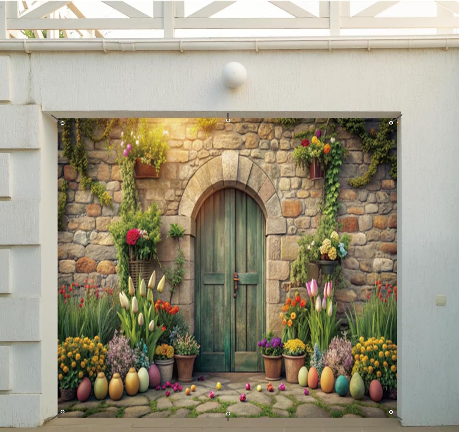 Easter Garage Door Cover Banner Decorations Backdrop 6x8ft Spring Easter Eggs Colorful Flowers Stone Wall Wooden Door Garage Door Outdoor Decorations Easter Party Baby Shower Garage Door Cover