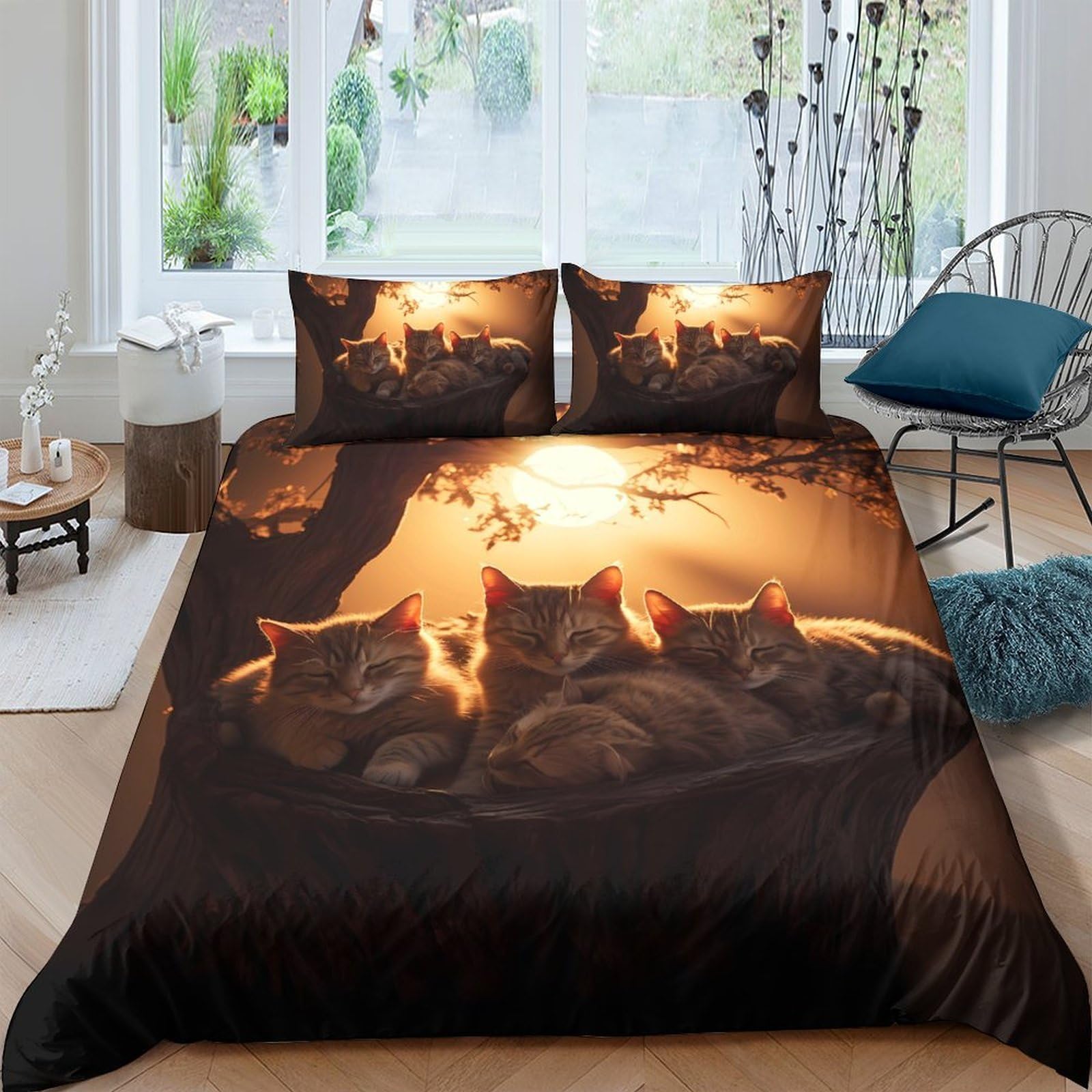 Ctjqhvkz Style-9 3D Printed Sunset Cat Fitted Sheet Microfiber Soft Breathable Forest Kitten Mattress Cover For Bedroom Dorm Decor Single（135X200cm）