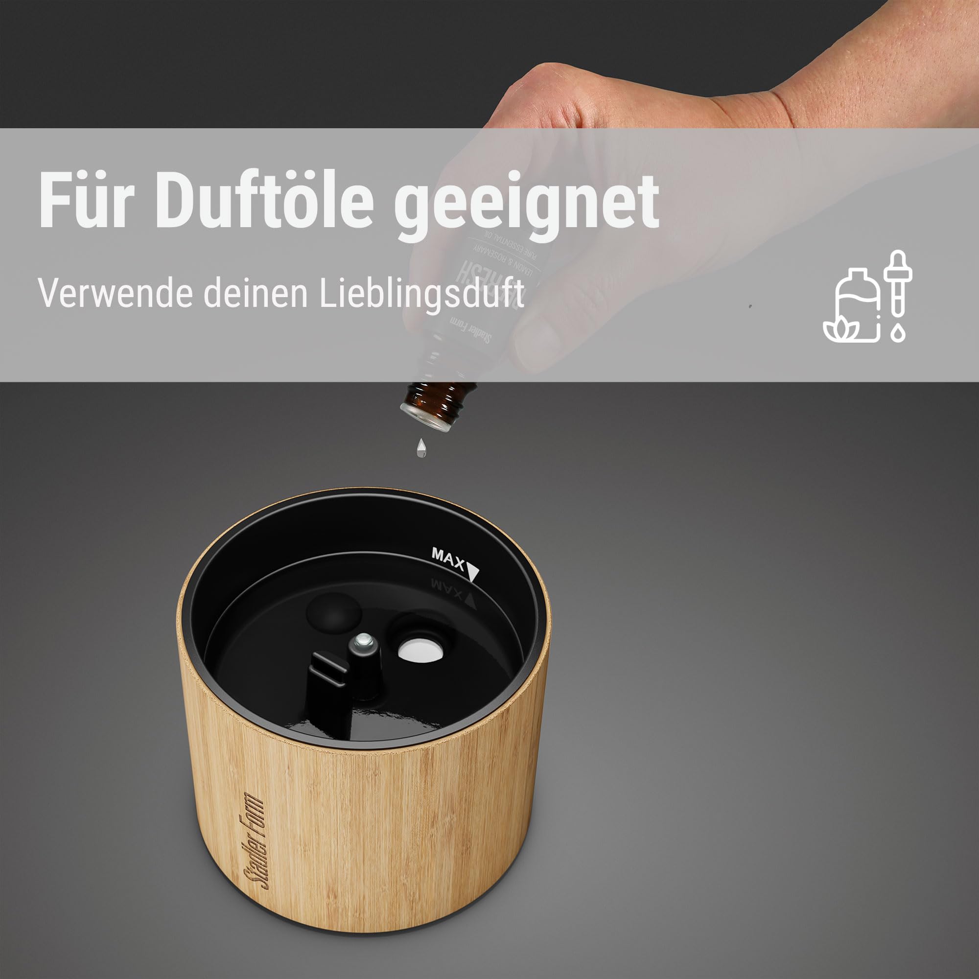 Stadler Form Aroma Diffuser und Laterne Sophie, kabellos | Für ätherische Öle, Ultraschall, für drinnen und draußen, Flammen-Effekt, Akkubetrieb bis 11 h, schwarz mit Bambus-Griff
