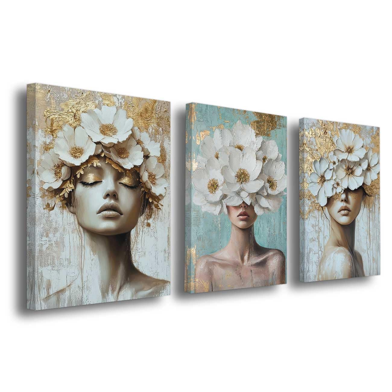 LMYSXAOZ 3Pcs White and Gold Flower Woman Canvas Wall Art Girl Portrait Picture Prints Abstract Floral Painting Modern Style For Living Room Bedroom Home Decor (White, 50x70cmx3 Pieces)