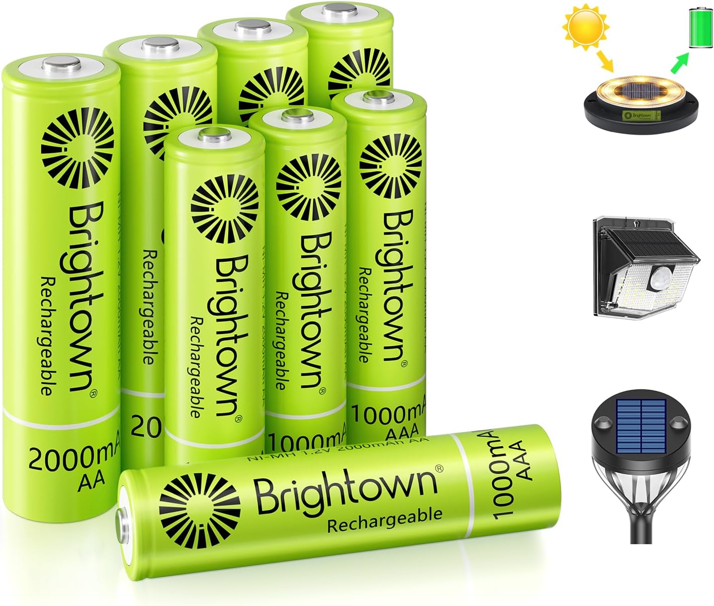 4 Pack AA 2000mAh and 4 Pack AAA 1000mAh Rechargeable Batteries Combo - 1.2V NiMH High Capacity Battery - Ideal for Solar Lights & Home Devices, Recharge up to 1000x Times, Pre-Charged