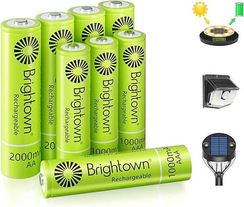 Brightown Paquete de 4 pilas AA de 2000 mAh y 4 pilas recargables AAA de 1000 mAh, batería de alta capacidad NiMH de 1.2 V, ideal para luces solares