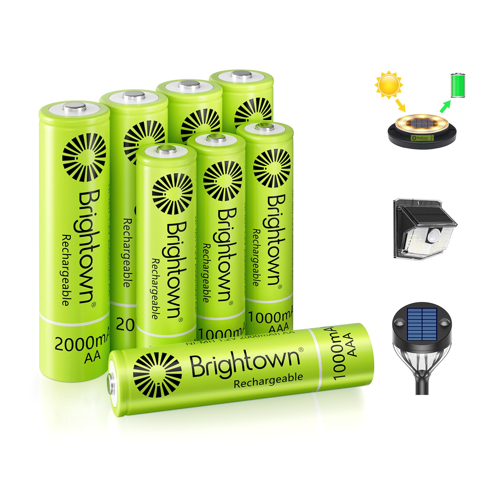 Brightown 4 Pack AA 2000mAh and 4 Pack AAA 1000mAh Rechargeable Batteries Combo - 1.2V NiMH High Capacity Battery - Ideal for Solar Lights & Home Devices, Recharge up to 1000x Times, Pre-Charged