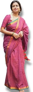 DEVIKA TEXTILES Women Cotton Traditional Narayanpet Saree, Magenta Checked Pattern, Gold-Green Border, Handloom Price In India