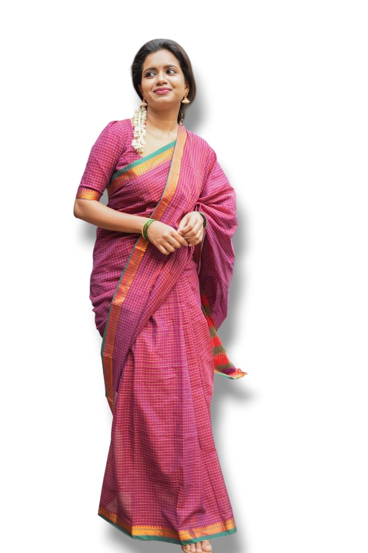 DEVIKA TEXTILES Women Cotton Traditional Narayanpet Saree, Magenta Checked