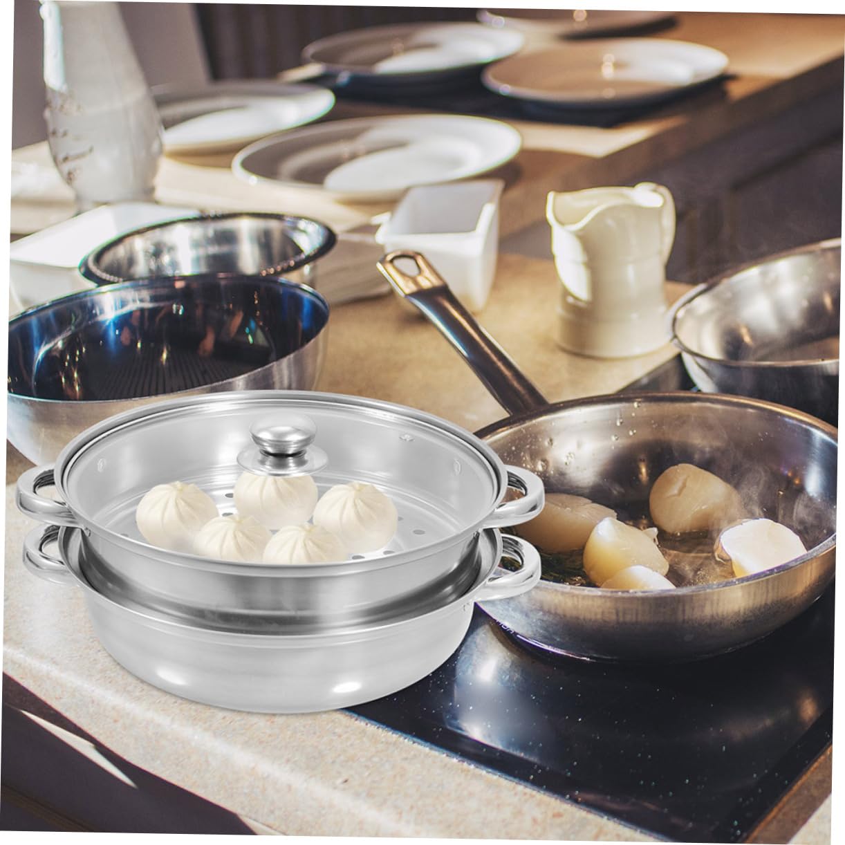 Vaporera de Acero Inoxidable Doble Capa, Olla de Vapor para Cocina 4 Asas, 30 Cm de Capacidad