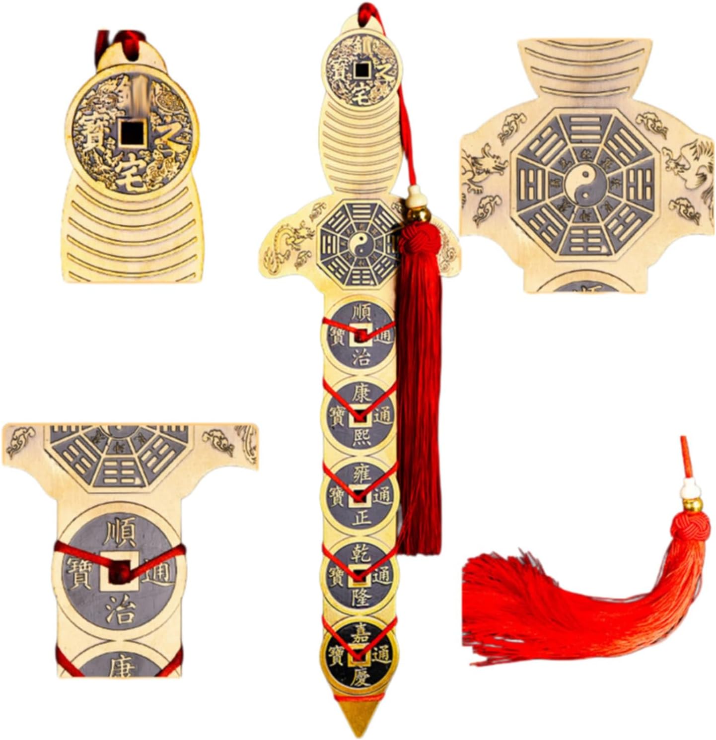 大号五帝钱铜钱剑 Feng Shui Good Luck Charms Furniture,Bag,Home,Office Other Scenes 宝剑金钱剑道士八卦宝剑家居客厅黄铜刀摆件 fengshui Chinese Tassel Ornaments-653