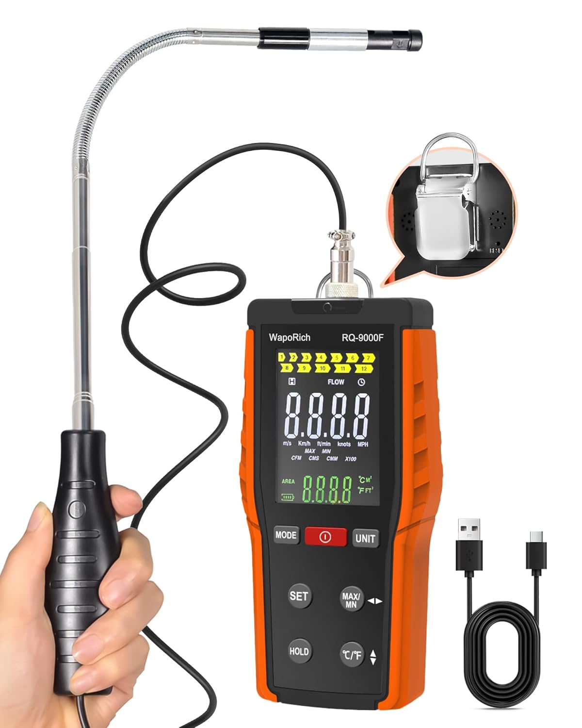 Hot Wire Anemometer HVAC, WapoRich CFM Air Flow Meter Wind Speed Gauges with MAX/MIN, CMM/CMS/CFM Airflow Meter, Air Velocity 0.2-67 MPH, Wind Temp 32℉-113℉ - RQ-9000F