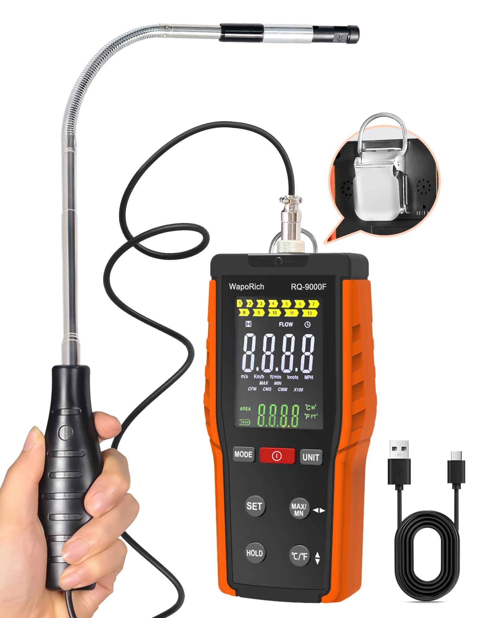 Thermisches Windmesser Windmessgerät, WapoRich Hitzdraht-Anemometer HVAC CFM Meter misst Windgeschwindigkeit, Temp(℃/℉), CMM/CMS/CFM mit MAX/MIN, Data Hold - RQ-9000F